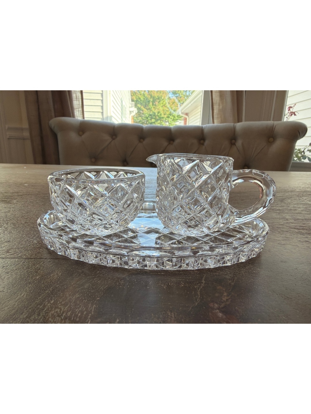 Vintage Miniature Crystal Cream and Sugar Set with Tray Diamond Pattern 3 Pc
